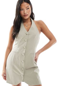 Robe courte ajustée à dos nu et fines rayures-Blanc 32