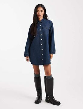 Robe chemise boutonnée oversize - Indigo délavé-Bleu 34