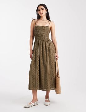 Robe longue en broderie anglaise avec bretelles fines - Kaki-Vert 40