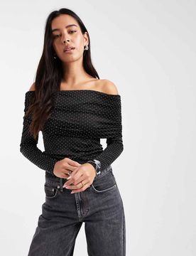 Top à encolure Bardot et strass thermocollés - Noir 40