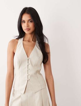 Top dos nu habillé aspect lin rayé - Beige-Vert 44
