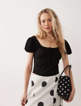 Top tendance folk à manches bouffantes - Noir 42
