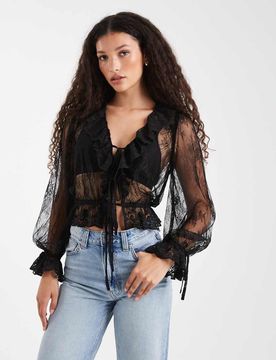 Vorn gebundene Bluse aus Spitze in Schwarz mit Rüschen Schwarz 34
