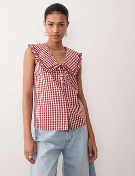 Blair - Blouse à carreaux vichy avec col volanté - Rouge 38