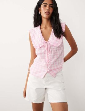 Blair - Blouse boutonnée à carreaux vichy et col volanté - Rose 34