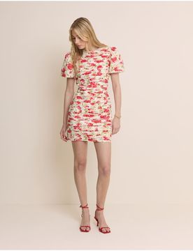Fabienne - Robe courte froncée en coton à manches bouffantes et imprimé roses-multicolore 38