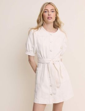 Hallie - Mini-Jeanskleid aus Baumwolle in Weiß mit Puffärmeln und Bindedetail an der Taille Weiß 34