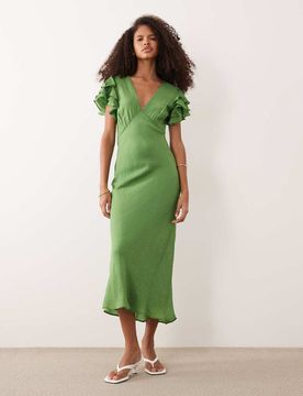 Layla - Robe mi-longue à volants avec mancherons et col en V - Vert 34