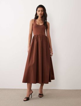 Lexie - Robe longueur mollet en popeline de jersey à encolure dégagée - Marron-Brown 36