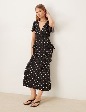 Lyndsey - Robe mi-longue à pois et volants - Noir 36