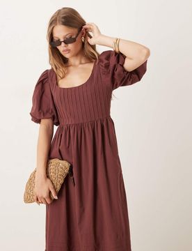 Mimi - Midikleid in Braun mit Puffärmeln Braun 34