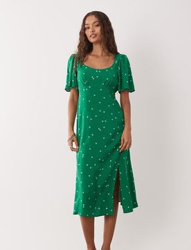 DeeDee - Robe mi-longue nouée dans le dos à manches courtes et encolure dégagée - Vert fleuri-Argenté 46