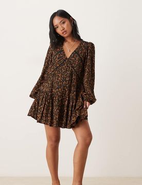 Marley - Robe courte à imprimé fleuri - Orange-Noir 32