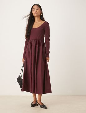 Robe côtelée longueur mollet à encolure échancrée et jupe en popeline - Bordeaux-Rouge 34