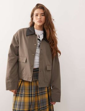 Barn-Jacke aus Kunstleder in Braun mit Kragen Braun L