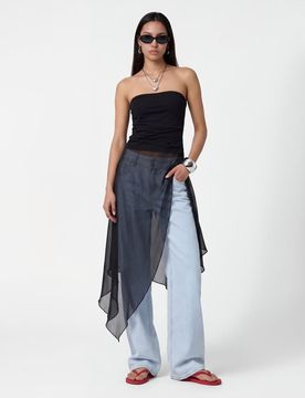 Trägerloses Oberteil in Schwarz mit asymmetrischem Chiffon-Overlay Schwarz L