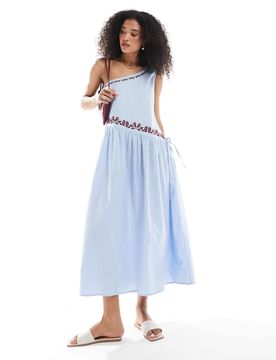 Robe asymétrique longueur mollet en lin avec broderies - Bleu mer XS