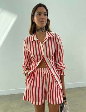 Chemise d'ensemble nouée au dos à rayures - Rouge 34