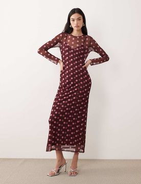 Robe longueur mollet en tulle à pois - Chocolat-Brown 36