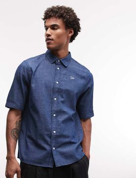 Kurzärmliges Jeanshemd in Blau mit Logo Blau 2XL