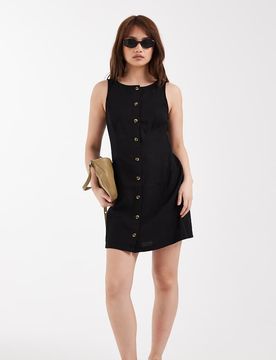 Durchgeknöpftes Leinen-Minikleid in Schwarz Schwarz 34