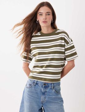 Premium - Kastiges T-Shirt in gestreiftem Khaki-Rosa Rosa 36