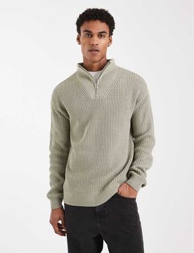 Pullover in Blassgrau mit kurzem Reißverschluss und Stehkragen-Grün Grün XS