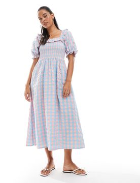 Robe tendance folk à carreaux vichy avec manches bouffantes - Bleu et rose 36
