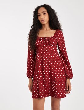 Robe courte tendance folk à pois et manches longues - Rouge 38