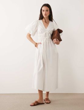 Robe mi-longue à manches bouffantes et col V - Blanc 36