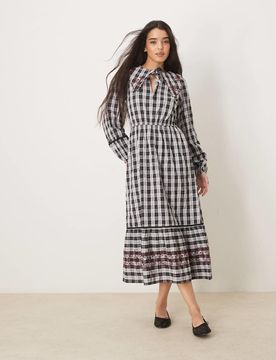Midaxi-Kleid mit Keulenärmeln und grauem Vichy-Karo Grau XL