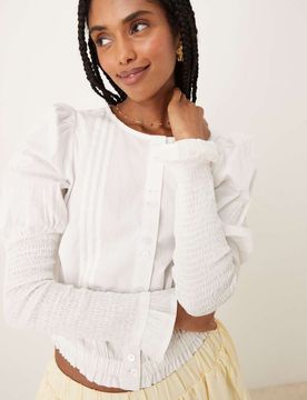 Bluse in Weiß mit gesmokten Puffärmeln Weiß XS