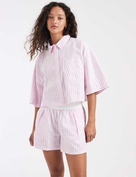 Gestreifte Shorts aus Popeline in Rosa und Weiß Rosa M