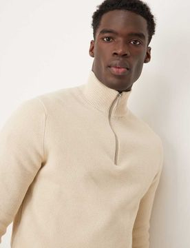 Strickpullover aus 100% Baumwolle in Cremeweiß mit kurzem Reißverschluss Weiß S