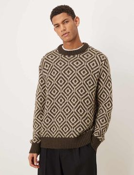 Strickpullover aus Wollmix in Braun mit geometrischem Muster-Brown Brown S