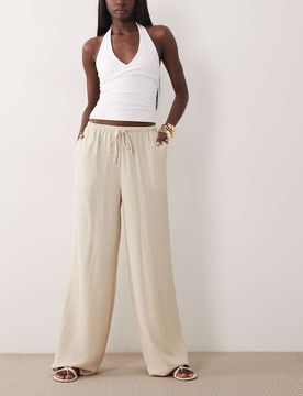 Fließende Hose in Steinbeige mit hohem Bund, Kombiteil-Weiß Weiß 40