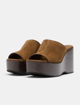 Offene Schuhe aus braunem Leder mit Plateau-Keilabsatz-Brown Brown 36