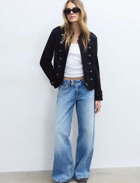 Jean ample à taille basse avec boutons façon bijou - Bleu moyen clair 42