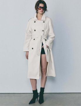 Langer, fließender Trenchcoat in Steinbeige-Weiß Weiß S