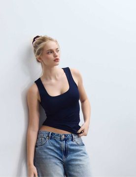 T-shirt en polyamide à bretelles larges - Bleu marine L