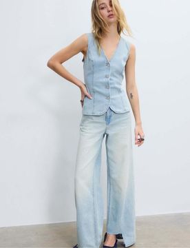 Top ajusté en denim - Bleu moyen S