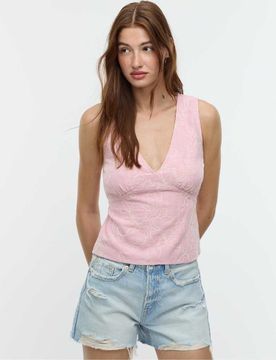 Top brodé en lin mélangé - Rose pastel S