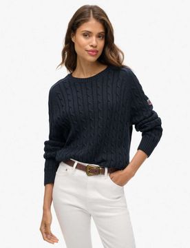 Lockerer Strickpullover in kräftigem Marineblau mit Zopfmuster Marineblau 44