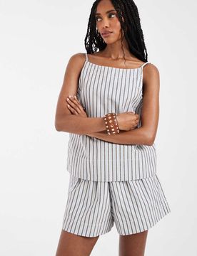 Gestreiftes Jeans-Oberteil in Hellblau und Braun mit eckigem Ausschnitt, Kombiteil Braun XL