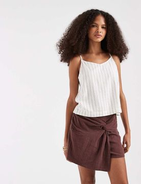 Jupe-short taille haute en coton texturé avec détail noué - Marron acajou foncé XL