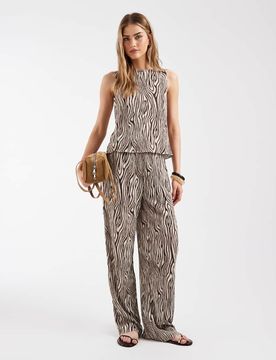 Pantalon large plissé d'ensemble à imprimé animal - Marron-Brown S