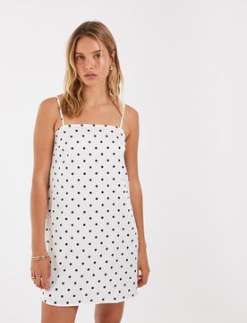 Robe caraco courte en satin à pois - Noir et blanc-Bleu XS