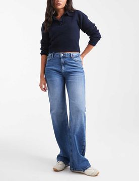 Silke - Weit geschnittene Jeans in Mittelblau mit mittelhohem Bund Blau W28 L32