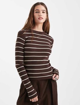 Top à manches longues et rayures - Marron et crème-Brown XL