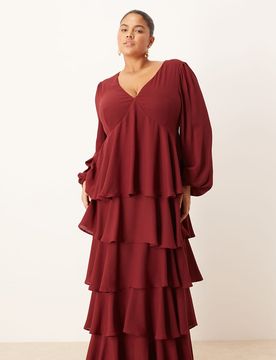 Ashton - Robe longue à volants - Lie-de-vin-Violet 50